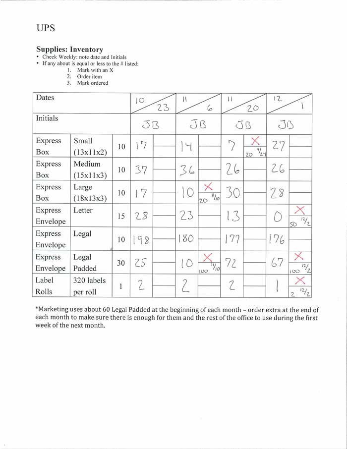 UPS inventory sheet