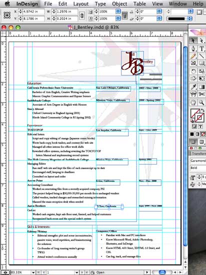 My resumé created in Indesign